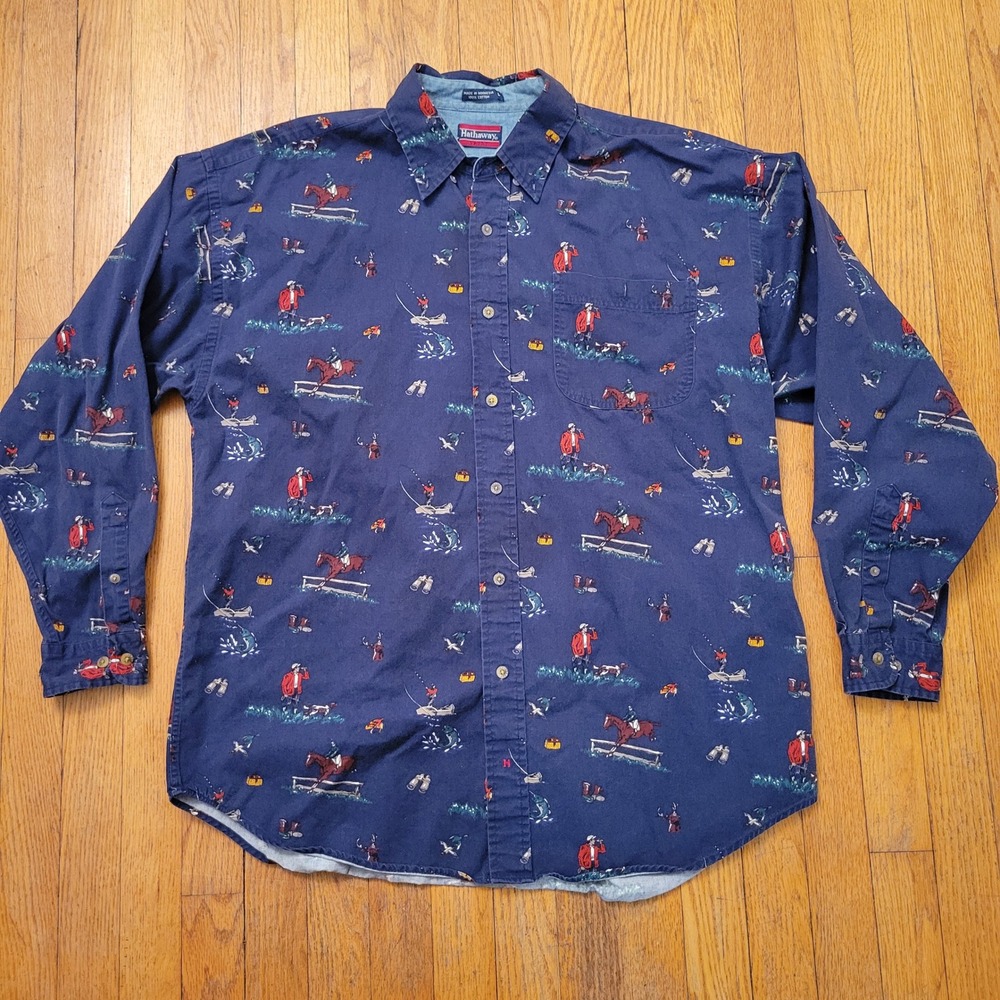 Hathaway Sport Blue Equestrian‎ Hunting Fishing Cotton Button Down L Vintage